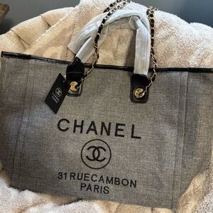 CHANEL Novelty Canvas Gray Tote Bag